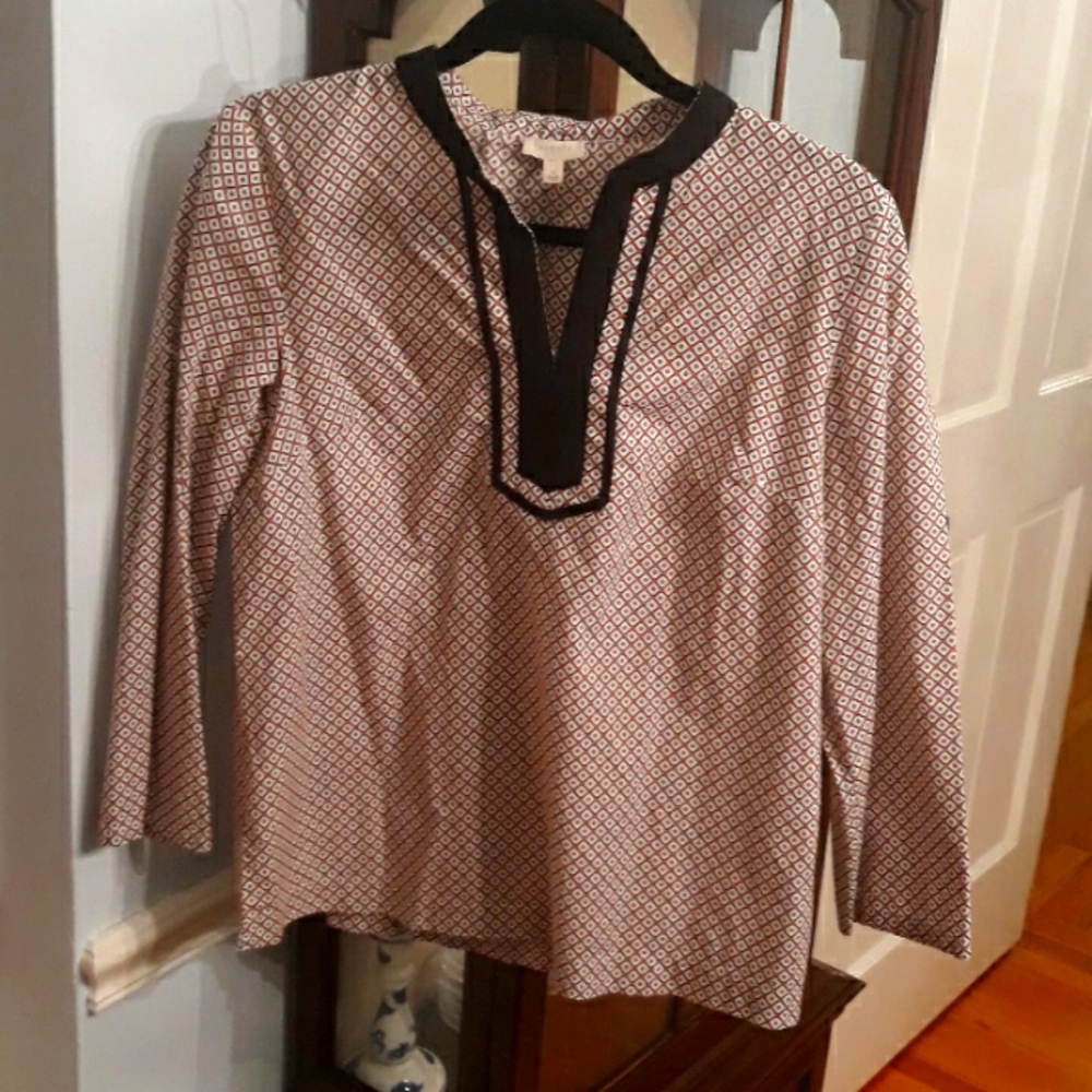 Talbots Stylish Geometric Patterned Black Mandarin Collar Tunic Blouse, Small